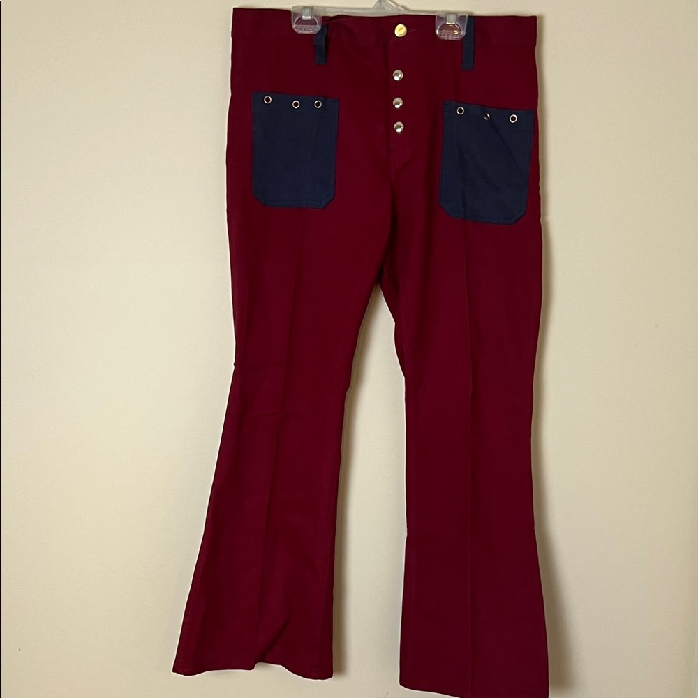 Vintage color block flare pants maroon & navy. Size 34 brushed twill Avant-gard